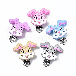 Food Grade Eco-Friendly Silicone Baby Pacifier Holder Clips, with 304 Stainless Steel Clips, Rabbit, Mixed Color, 56x55x21mm, Hole: 4mm(SIL-N002-13)