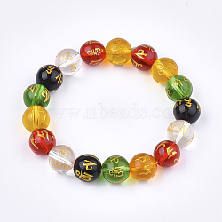 Natural Agate Mala Bead Bracelets, Buddhist Jewelry, Stretch Bracelets, Round with Om Mani Padme Hum, Colorful, 2-1/8 inch(5.5cm)(BJEW-T009-15)