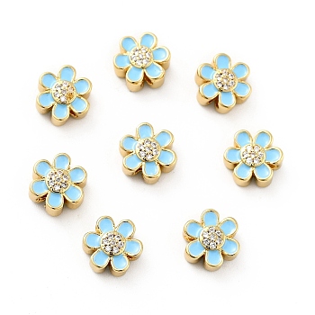 Flower Brass Micro Pave Clear Cubic Zirconia Beads, Real 18K Gold Plated, with Enamel, Cadmium Free & Nickel Free & Lead Free, Light Sky Blue, 10x9x5mm, Hole: 1.8mm
