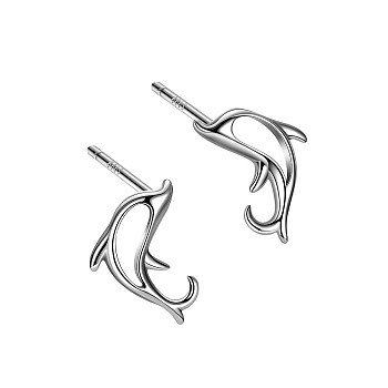 Anti-Tarnish Rhodium Plated 999 Sterling Silver Dolphin Stud Earrings for Women, with 999 Stamp, Platinum, 6.5x8.5mm