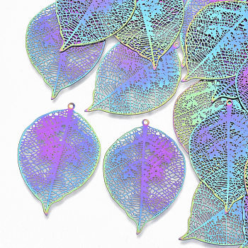 Ion Plating(IP) 201 Stainless Steel Filigree Pendants, Etched Metal Embellishments, Leaf, Rainbow Color, 42.5x29x0.3mm, Hole: 1.2mm