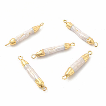 Baroque Natural Keshi Pearl Connector Charms, Column Links, with Brass Double Loops, Light Gold, 31~33x4~5mm, Hole: 1.8mm