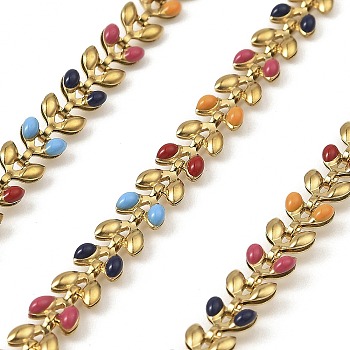 304 Stainless Steel Leaf Link Chains, with Enamel, Ion Plating(IP), Soldered, with Spool, Real 18K Gold Plated, Mixed Color, 6x5.5x1.5mm, 10m/roll