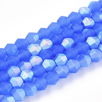 Imitation Jade Bicone Frosted Glass Bead Strands, Half AB Color Plated, Faceted, Royal Blue, 2.9~3.3x2.5mm, Hole: 0.7mm, about 145~150pcs/strand, 16.34~16.54 inch(41.5~42cm)