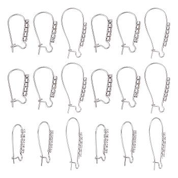 18Pcs 3 Style 304 Stainless Steel Hoop Earrings Findings Kidney Ear Wires, with Clear Cubic Zirconia, Stainless Steel Color, 20~33x12~16x2mm, Pin: 0.7mm, 6pcs/style