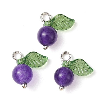 Natural Dyed Malaysia Jade Fruit Charms, with Acrylic Leaf and Platinum Plated Brass Loops, Indigo, 13x12x6mm, Hole: 2mm