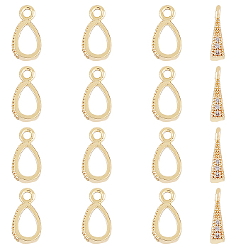 Brass Pave Clear Cubic Zirconia Pendants, Nickel Free, Hollow, Teardrop, Real 14K Gold Plated, 11.5x6x3mm, Hole: 1.6mm, 16pcs/box