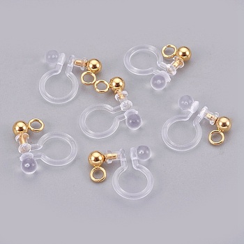 Stainless Steel Clip On Earring Findings, with Plastic, Real 18K Gold Plated, 12x10.5x3mm, Hole: 1.8mm