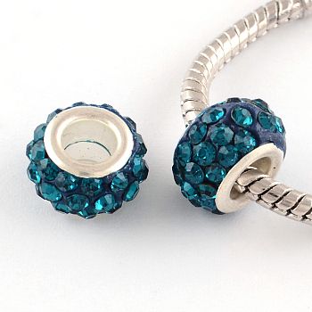 Polymer Clay Rhinestone European Large Hole Beads with Silver Color Plated Brass Cores, Rondelle, Blue Zircon, 11~12x7~7.5mm, Hole: 5mm