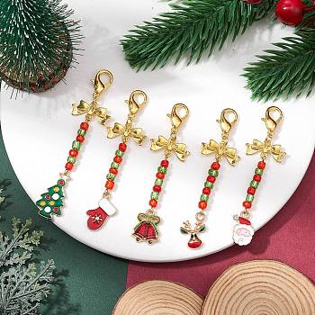 Christmas Theme Alloy Enamel & Seed Beads Pendant Decoration, with Alloy Lobster Claw Clasps, Mixed Shapes, Mixed Color, 77~78mm, 5pcs/set