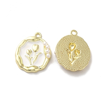 Alloy Enamel Pandants, with ABS Plastic Imitation Pearl, Lead Free & Cadmium Free, Light Gold, Oval with Flower, White, 23.5x19x4.5mm, Hole: 1.8mm