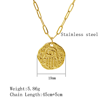 304 Stainless Steel Pendant Necklaces, Hamsa Hand with Eye, Real 18K Gold Plated, 17.72 inch(45cm)