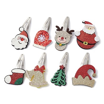 8Pcs 8 Styles Iron Snap Hair Clips, with Christmas Theme Non-woven Fabrics Sew on Appliques for Woman Girls, Platinum, Mixed Color, 61~78x31~51x3~6mm, 1pc/style
