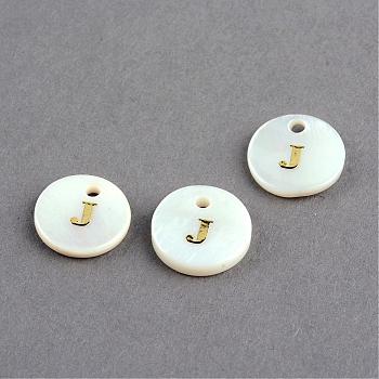 Freshwater Shell Pendants, Flat Round with Gold Blocking Letter.J, 11.5x2mm, Hole: 1.5mm