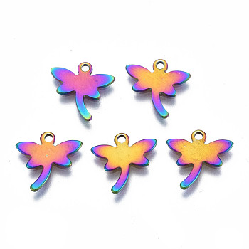 Ion Plating(IP) 201 Stainless Steel Charms, Cadmium Free & Nickel Free & Lead Free, Dragonfly, Rainbow Color, 11.5x11.5x0.5mm, Hole: 1.2mm