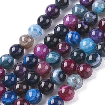 Natural Striped Agate/Banded Agate Beads Strands, Dyed & Heated, Round, Colorful, 8mm, Hole: 1.2mm, about 47pcs/strand, 14.96 inch(38cm)