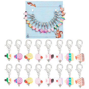 16Pcs 8 Style Ice Cream & Cake Handmade Polymer Clay Imitation Food Pendant Stitch Markers, Crochet Alloy Lobster Claw Clasp Charms, Mixed Color, 3~3.2cm, 2pcs/style