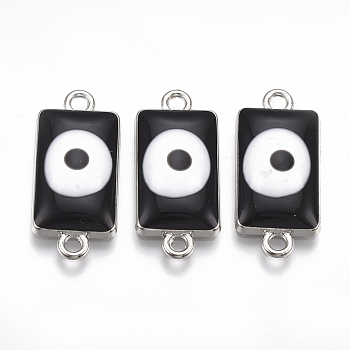 Alloy Links connectors, with Enamel, Rectangle with Evil Eye, Platinum, Black, 24.5x11x4.5mm, Hole: 2mm