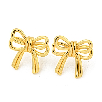 Rack Plating Brass Bowknot Stud Earrings, Long-Lasting Plated, Lead Free & Cadmium Free, Real 18K Gold Plated, 21x22mm