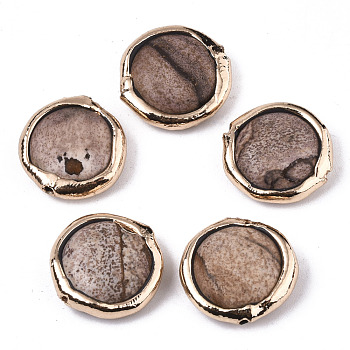Natural Picture Jasper Beads, with Light Gold Plated Polymer Clay Edge, Flat Round, 17~19x17~18x5~7mm, Hole: 1.2mm