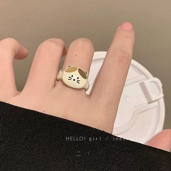 Adjustable Alloy and Enamel Cuff Rings, Lemon Chiffon, Cat Shape, Inner Diameter: 15~20mm