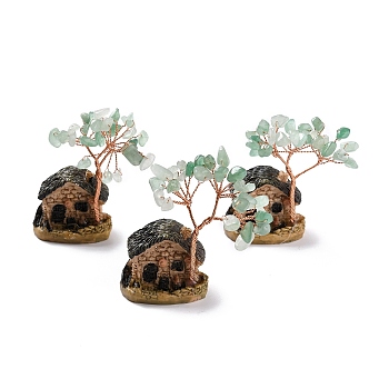 Resin & Natural Green Aventurine Model Ornament, House & Trees, Reiki Spiritual Energy Tree, for Desk Home Decoration, 37~52x31~33x67~70mm