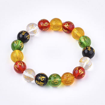 Natural Agate Mala Bead Bracelets, Buddhist Jewelry, Stretch Bracelets, Round with Om Mani Padme Hum, Colorful, 2-1/8 inch(5.5cm)