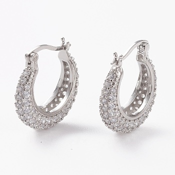 Brass Micro Pave Clear Cubic Zirconia Hoop Earrings, Long-Lasting Plated, Crescent Moon, Platinum, 22x19.5x6mm, Pin: 1mm
