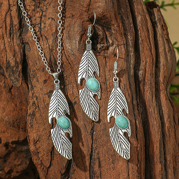 Bohemian Style Alloy & Synthetic Turquoise Pendant Necklaces & Dangle Earrings Sets, Antique Silver, Feather, 66x13mm