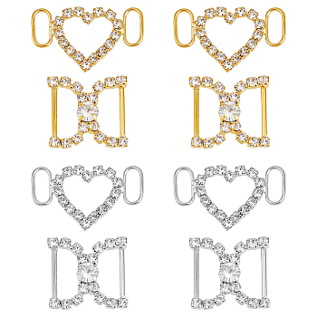 8Pcs 4 Style Brass Crystal Rhinestone Shoe Decoration, Shoe Buckles for DIY Loafer Shoes, Heart & D Shape, Golden & Silver, 19x32.5x3mm, Hole: 10x4mm & 22x22x4.5mm, Hole: 15x6mm, 2pcs/style