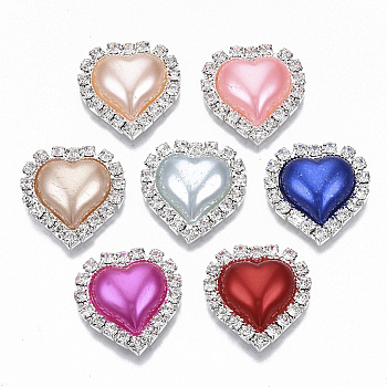 Brass Cabochons, with Crystal Rhinestone & ABS Plastic Imitation Pearl, Heart, Silver, Mixed Color, 22.5x21.5x6mm