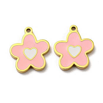 304 Stainless Steel Enamel Charms, Flower with Heart Charms, Pink, Real 14K Gold Plated, 12x10x1.5mm, Hole: 1mm