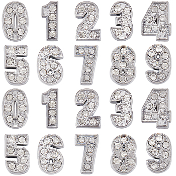 50POcs 10 Styles Alloy Rhinestone Slide Charms, Number, 11.5~12x5~8.5x4.5~5mm, Hole: 8x1.8mm, 5pcs/style