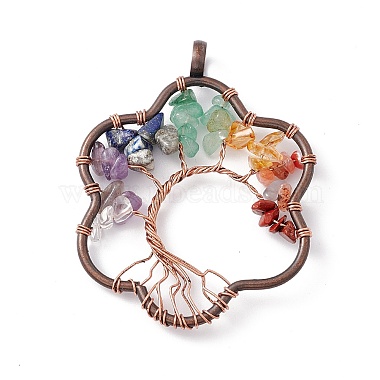 7 Chakra Flower Natural Mixed Stone Copper Wire Wrapped Chip Big Pendants(G-E195-12R-01)-2