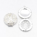 Flat Round Brass Diffuser Locket Pendants, Photo Frame Charms for Necklaces, Silver Color Plated, 27x7mm, Hole: 2mm(X-KK-J010-S)