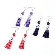 Faux Suede Tassel Dangle Earrings, with Natural Gemstone Beads and 304 Stainless Steel Earring Hooks, Mixed Color, 75mm(EJEW-JE04099-M)