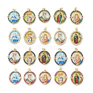 Brass Micro Pave Cubic Zirconia Pendants, with Jump Ring and Glass, Real 18K Gold Plated, Oval with Virgin Mary, Mixed Color, 31x24x3mm, Jump Ring: 5x0.8mm, Inner Diameter: 3.4mm(ZIRC-E006-01G-M)