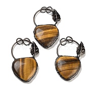 Natural Tiger Eye Heart Big Pendants, Brass Ring Charms with Leaf & Jump Rings, Red Copper, 53~56x32~34x7~7.5mm, Hole: 6.6mm(G-A221-05E)