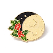 Moon with Holly Leaves Enamel Pin, Christmas Alloy Badge for Backpack Clothes, Golden, Colorful, 27x31.5x1.5mm, Pin: 1mm(JEWB-H008-39G)