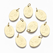 304 Stainless Steel Pendants, with Jump Rings, Oval with Word good lucky, Real 14K Gold Plated, 16x11.5x1mm, Jump Ring: 5x0.8mm, 3.4mm inner diameter(STAS-S116-023G)