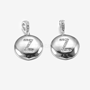Brass Pendants, with Cubic Zirconia, Cadmium Free & Lead Free, Flat Round with Letter, Platinum, Letter.Z, 22mm, Hole: 2x3mm, Pendant: 15x3mm(KK-K194-Z-P-RS)
