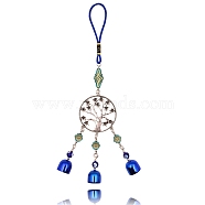 Alloy Flat Round with Tree of Life Pendant Decorations, Evil Eye and Bell Car Hanging Decoration, Blue, 275x55mm(EVIL-PW0003-04)