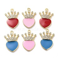 Brass Micro Pave Clear Cubic Zirconia Pendants, with Enamel, Real 18K Gold Plated, Heart with Crown Charms, Mixed Color, 23.8x15.5x3mm, Hole: 1.8mm(KK-F871-01G)