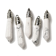Natural Howlite Pointed Big Pendants, Faceted Bullet Charms with Rack Plating Platinum Plated Brass Findings, 56~65x11~11.5x10~10.5mm, Hole: 4X3mm(G-Z055-01P-27)
