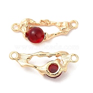 Brass Connector Charms, Oval Links with Glass, Real 18K Gold Plated, Dark Red, 12x31x6mm, Hole: 2mm(KK-G468-66G-01)