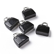 Natural Black Obsidian Brass Pendants, Platinum, Bag, 27.5x25x10mm, Hole: 6mm(KK-E274-01P-011)