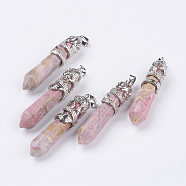Natural Rhodochrosite Big Pointed Pendants, with Alloy Findings, Faceted, Bullet, Platinum, 59~63x11~12mm, Hole: 4x7mm(G-G738-A-28)