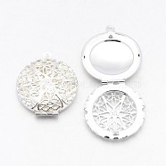 Flat Round Brass Diffuser Locket Pendants, Photo Frame Charms for Necklaces, Silver Color Plated, 27x7mm, Hole: 2mm(X-KK-J010-S)