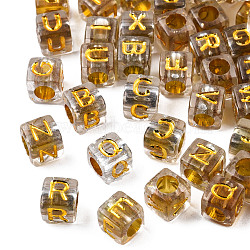 Transparent Plating Acrylic Beads, Horizontal Hole, Metal Enlaced, Alphabet Style, Cube with Random Letter A`Z, Goldenrod, 6x6x6mm, Hole: 3.5mm, about 2900~3000pcs/500g(TACR-N010-003A)