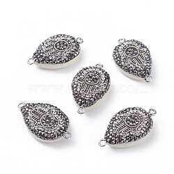 Polymer Clay Rhinestone Links connectors, with Cat Eye and Platinum Plated Brass Findings, teardrop, with Hamsa Hand/Hand of Fatima/Hand of Miriam, White, 30x18x7.5mm, Hole: 1.8mm(X-G-L543-015P)
